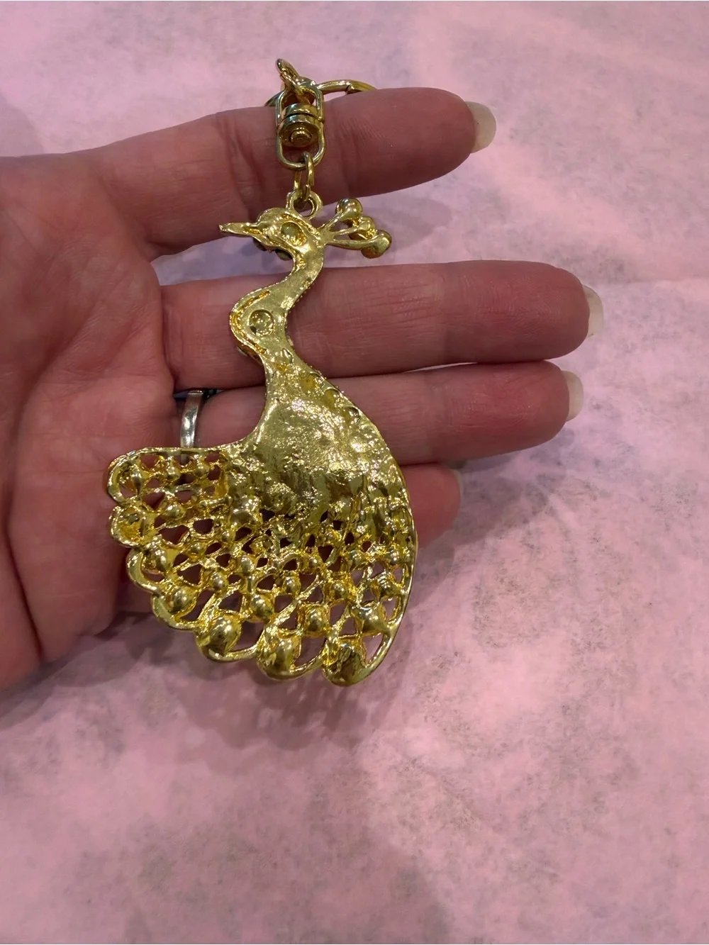 Peacock Keychain Charm with Red Crystal Accents in gold tone nwot